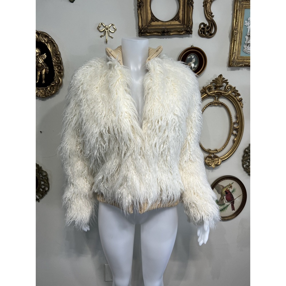 Maje Paris Cream Shaggy Faux Fur Bomber Jacket Knit Luxury Outerwear Size 36